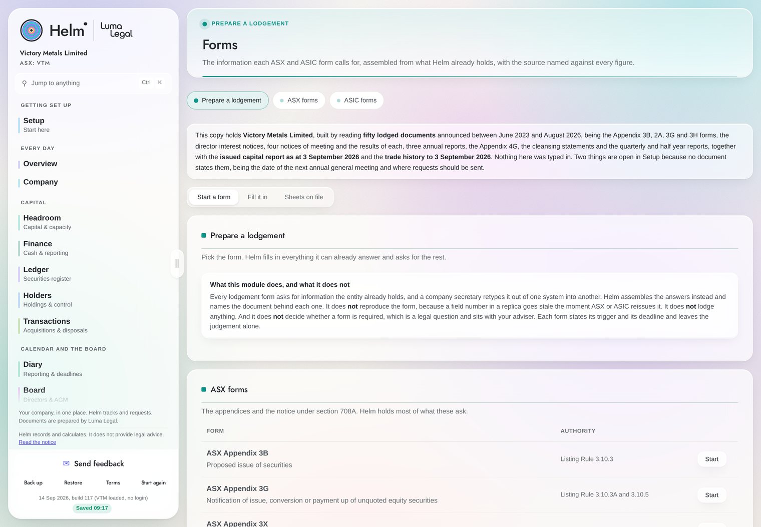 Helm's Forms module, assembling the information each ASX and ASIC lodgement form calls for from what Helm already holds, with the authority against each form.