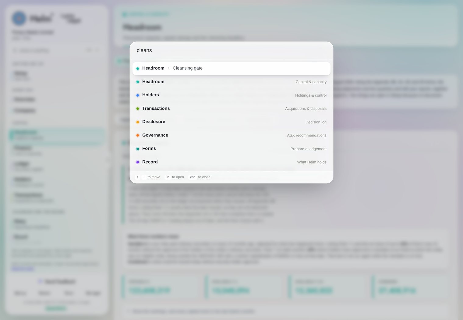 The Helm jump box open mid search, matching a typed query against destinations across the portal including the Cleansing gate tab inside the Headroom module.