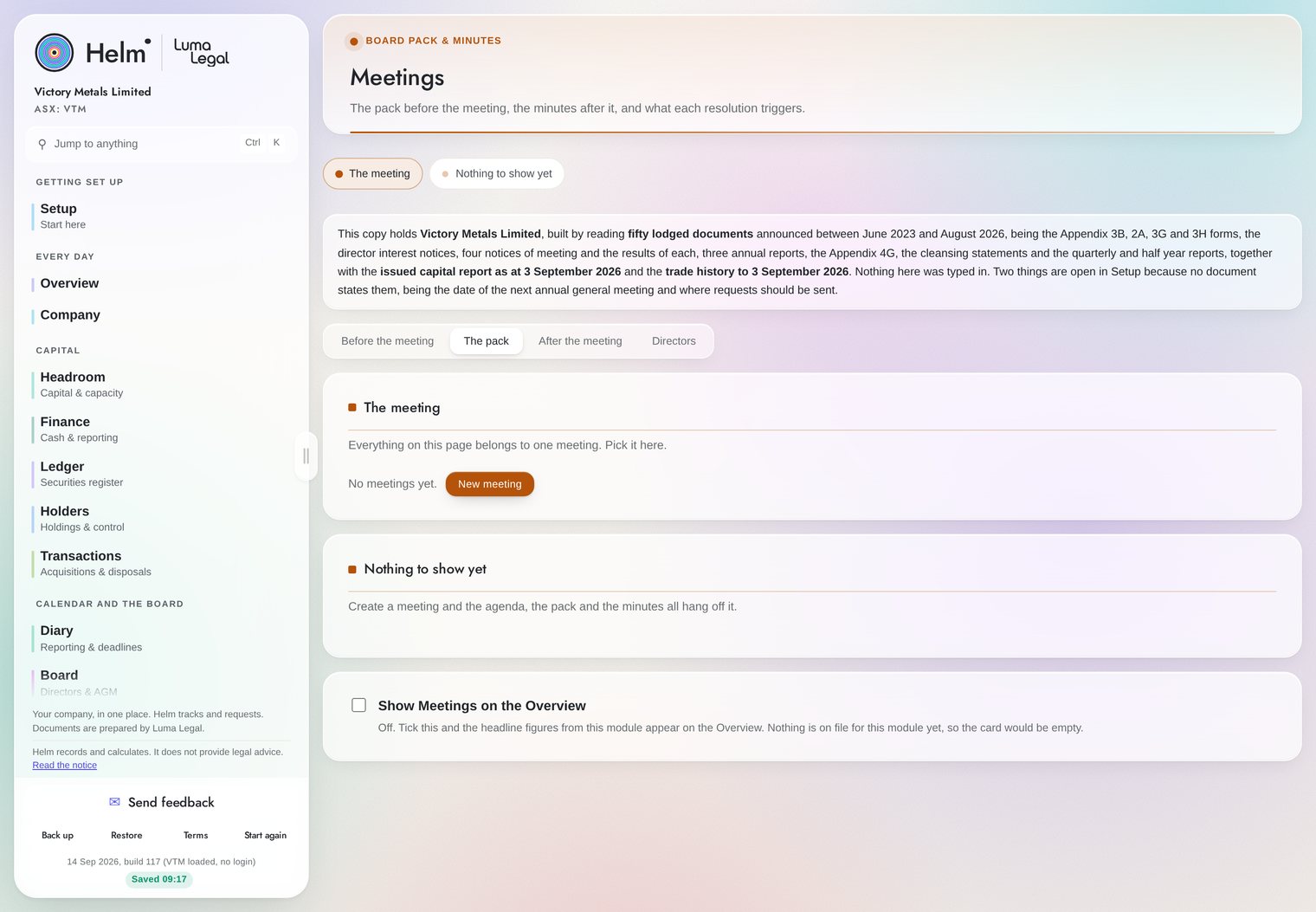 Helm's Meetings module, showing the board pack, minutes and what each resolution triggers, with a control to start a new meeting.