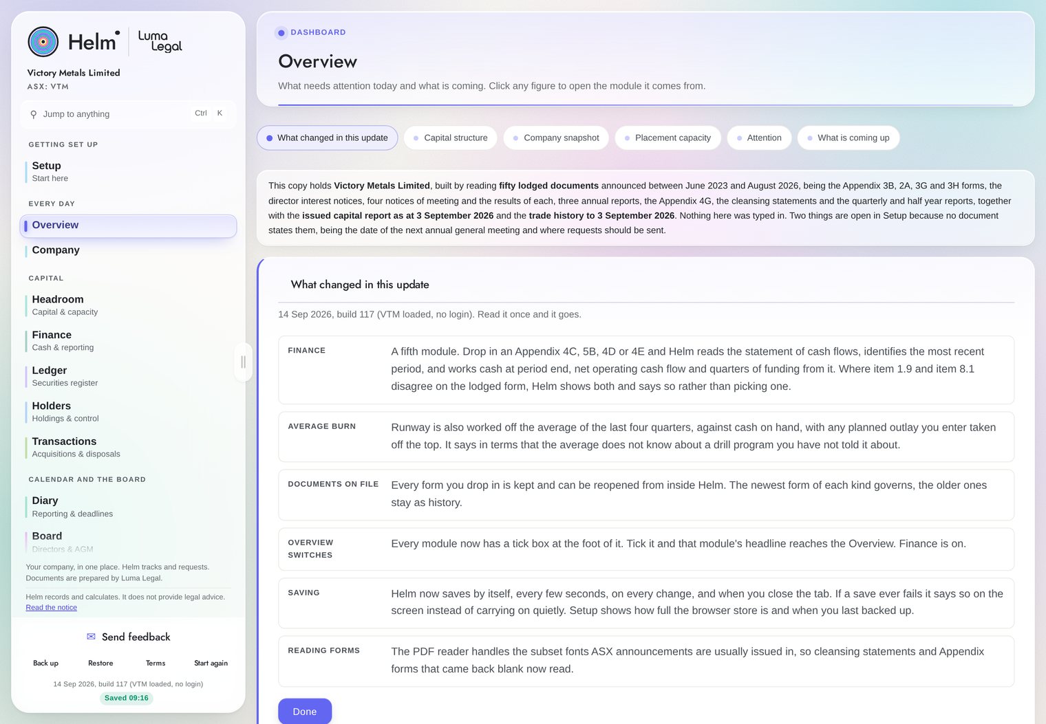 Helm's Overview dashboard, listing the modules down the left, a note on the documents it was built from, and the headline figures for the entity.